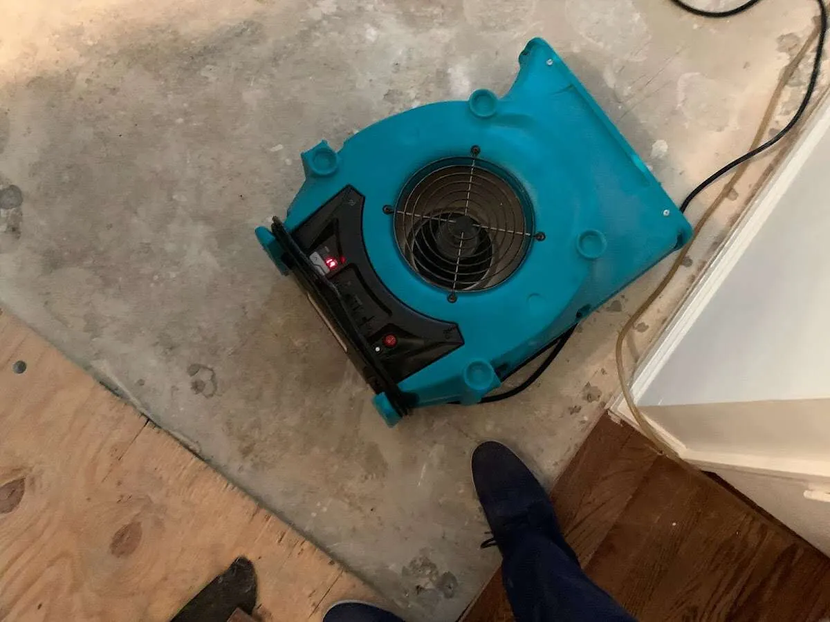 Air mover drying subfloor during Leak Detection & Repair in Lyndon